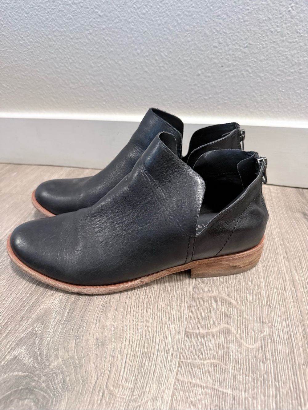 Kork-Ease Black Leather Side-Cut Ankle Booties with Wood Heel